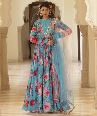 Blue chiffon floral printed embroidered anarkali 1