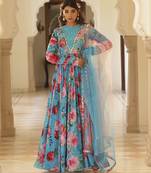 Blue chiffon floral printed embroidered anarkali