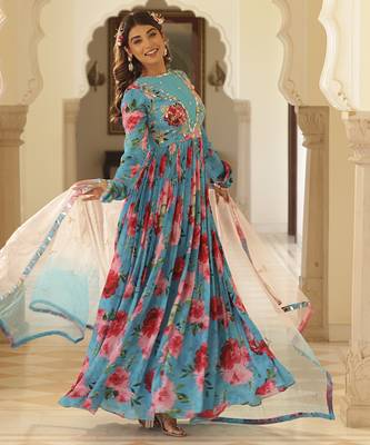 Blue chiffon floral printed embroidered anarkali 2