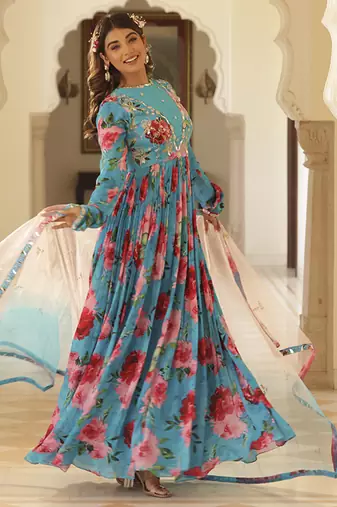 Blue chiffon floral printed embroidered anarkali