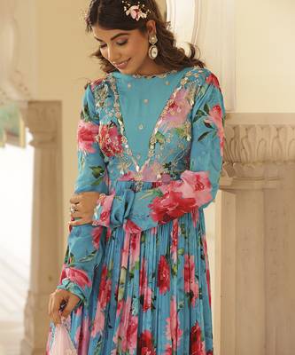Blue chiffon floral printed embroidered anarkali 4