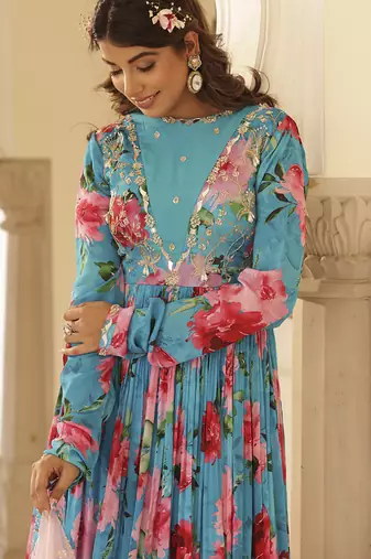 Blue chiffon floral printed embroidered anarkali