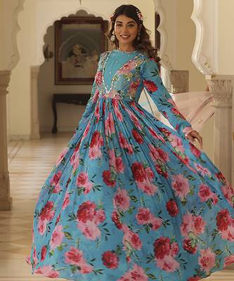 Blue chiffon floral printed embroidered anarkali 5