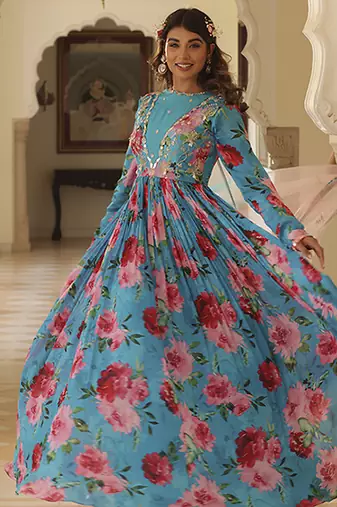 Blue chiffon floral printed embroidered anarkali