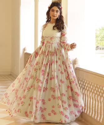 Cream chiffon floral printed embroidered anarkali 1