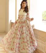 Cream chiffon floral printed embroidered anarkali