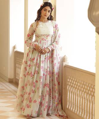 Cream chiffon floral printed embroidered anarkali 2