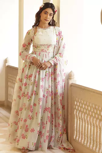 Cream chiffon floral printed embroidered anarkali