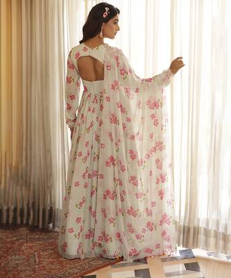 Cream chiffon floral printed embroidered anarkali 3