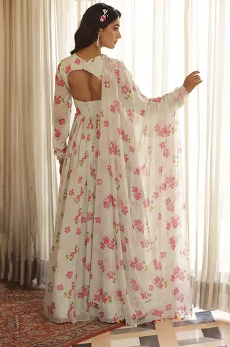 Cream chiffon floral printed embroidered anarkali