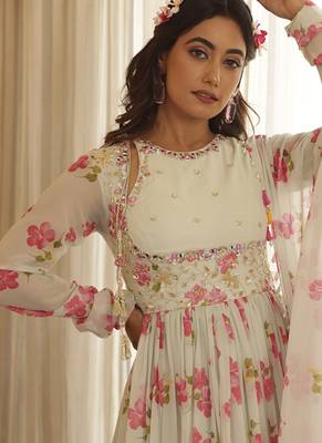 Cream chiffon floral printed embroidered anarkali 4