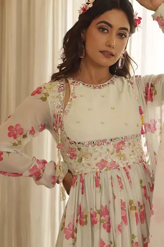 Cream chiffon floral printed embroidered anarkali