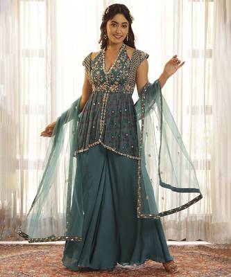 Green chiffon floral embroidered sharara set 1