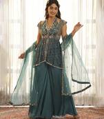 Green chiffon floral embroidered sharara set