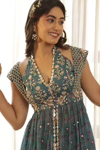 Green chiffon floral embroidered sharara set