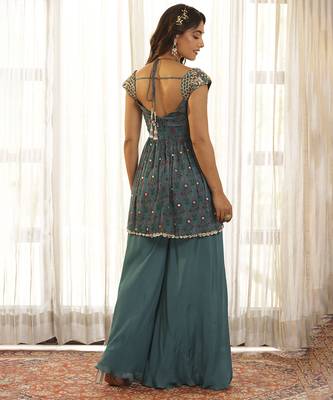 Green chiffon floral embroidered sharara set 3