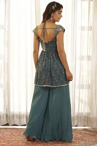 Green chiffon floral embroidered sharara set