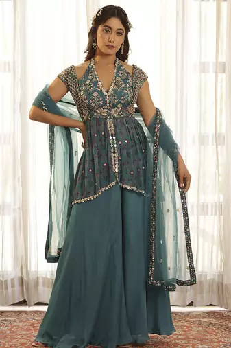 Green chiffon floral embroidered sharara set