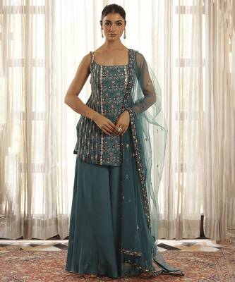 Green chiffon floral embroidered Sharara set 1