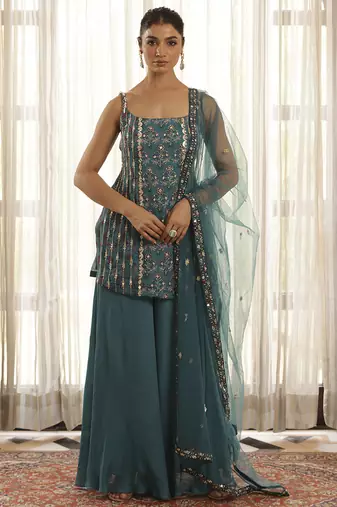 Green chiffon floral embroidered Sharara set
