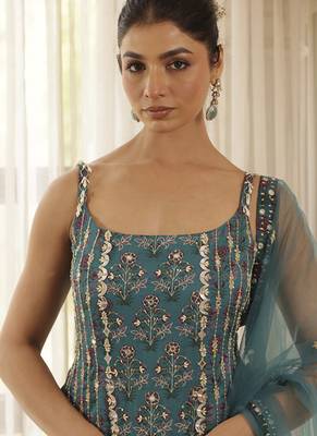 Green chiffon floral embroidered Sharara set 2