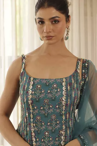 Green chiffon floral embroidered Sharara set