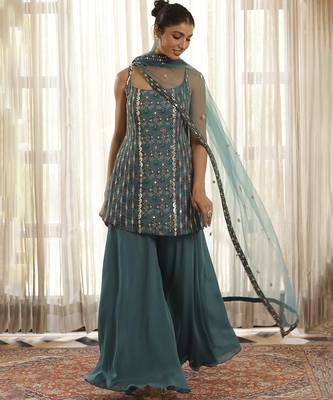 Green chiffon floral embroidered Sharara set 3