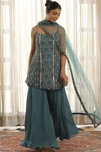 Green chiffon floral embroidered Sharara set