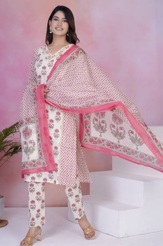 Tanvi pearl light white printed cotton kurta sets