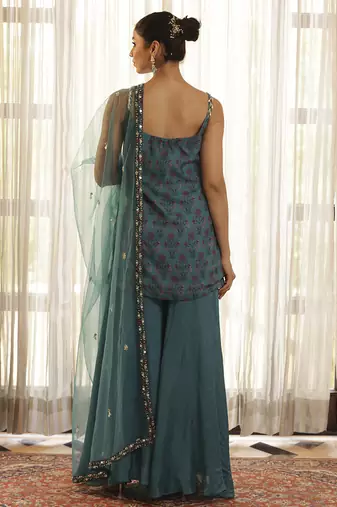 Green chiffon floral embroidered Sharara set