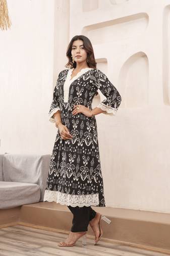Tashvika onyx black printed cotton kurta sets