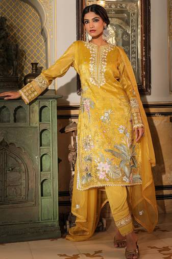 Tridhara amber dark yellow embroidered blended kurta sets