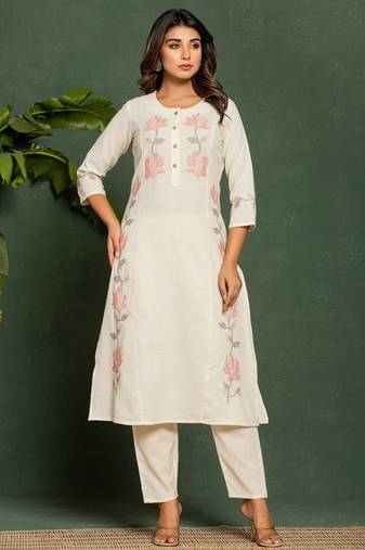 Uma angel beige embroidered cotton kurta sets