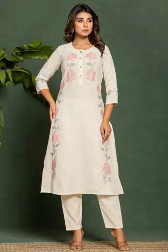 Uma angel beige embroidered cotton kurta sets