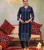Yutika navy navy blue printed cotton kurta sets