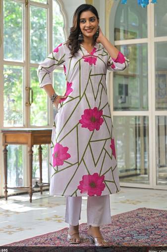 Yutika rose pink printed cotton kurta sets