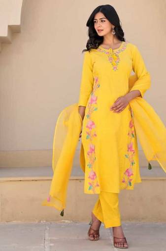 Yutika sunshine dark yellow embroidered cotton kurta sets