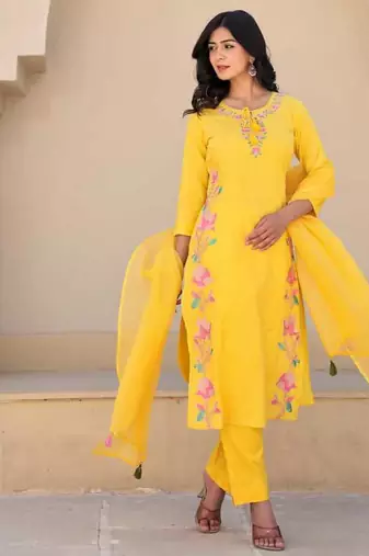 Yutika sunshine dark yellow embroidered cotton kurta sets