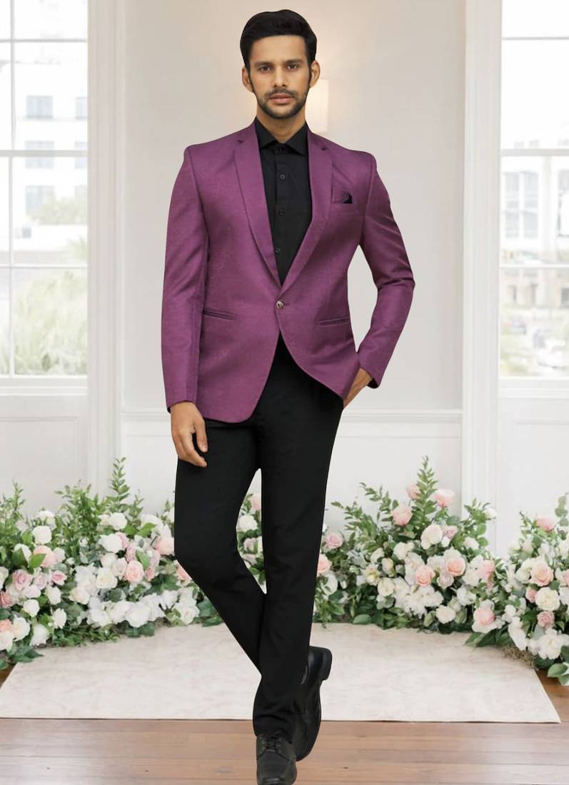 Purple jacquard plain solid full sleeve blazer for men