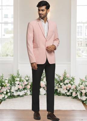 Peach jacquard plain solid full sleeve blazer for men 2