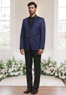 Blue jacquard plain solid full sleeve blazer for men 1