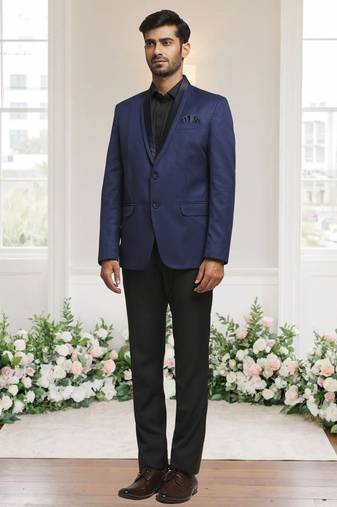 Blue jacquard plain solid full sleeve blazer for men