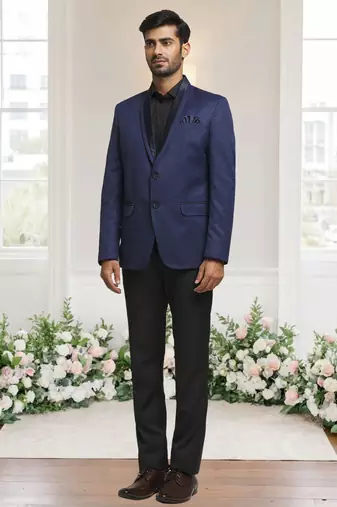 Blue jacquard plain solid full sleeve blazer for men