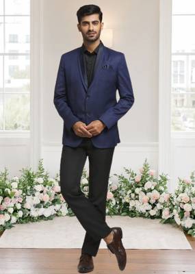 Blue jacquard plain solid full sleeve blazer for men 2