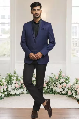 Blue jacquard plain solid full sleeve blazer for men