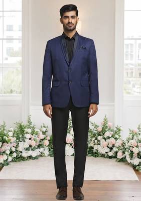 Blue jacquard plain solid full sleeve blazer for men 3