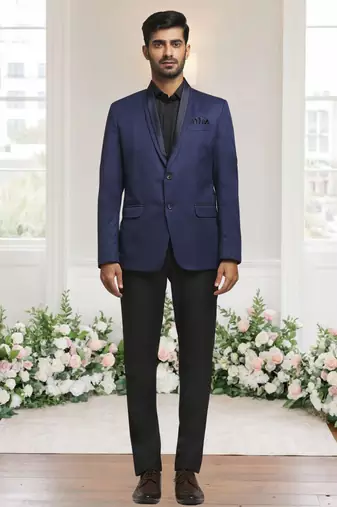 Blue jacquard plain solid full sleeve blazer for men