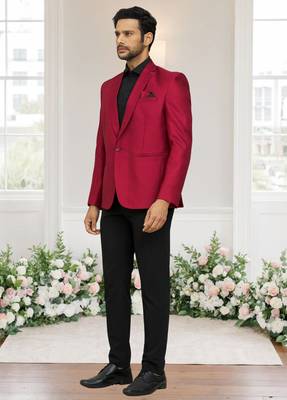 Maroon jacquard plain solid full sleeve blazer and pant for men 1