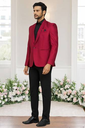 Maroon jacquard plain solid full sleeve blazer and pant for men