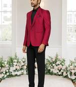 Maroon jacquard plain solid full sleeve blazer and pant for men